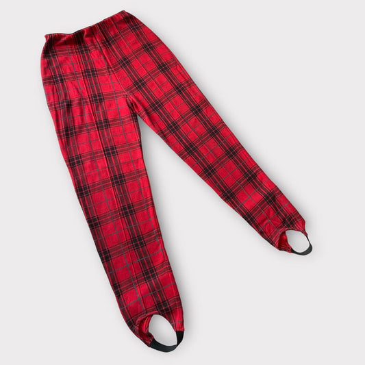 Vintage Leggings 90s Red Plaid Stirrup Leggings Retro Punk Tartan Trousers Size UK 12 High Waisted