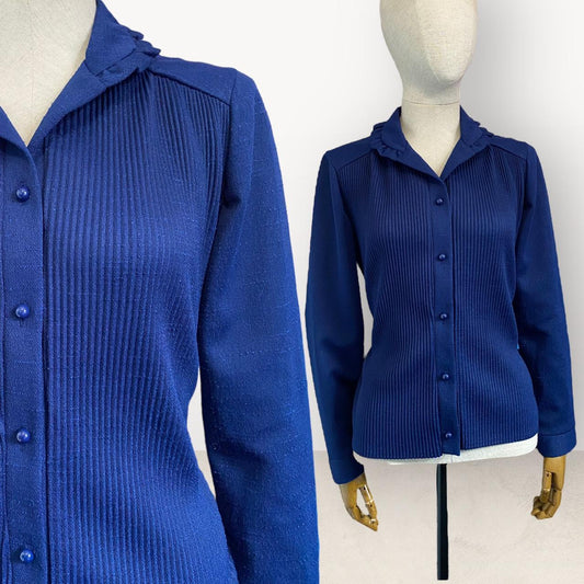 Vintage 70s Top Retro Ruffle Collar Blouse Blue Button-Up Shirt with Tie Back