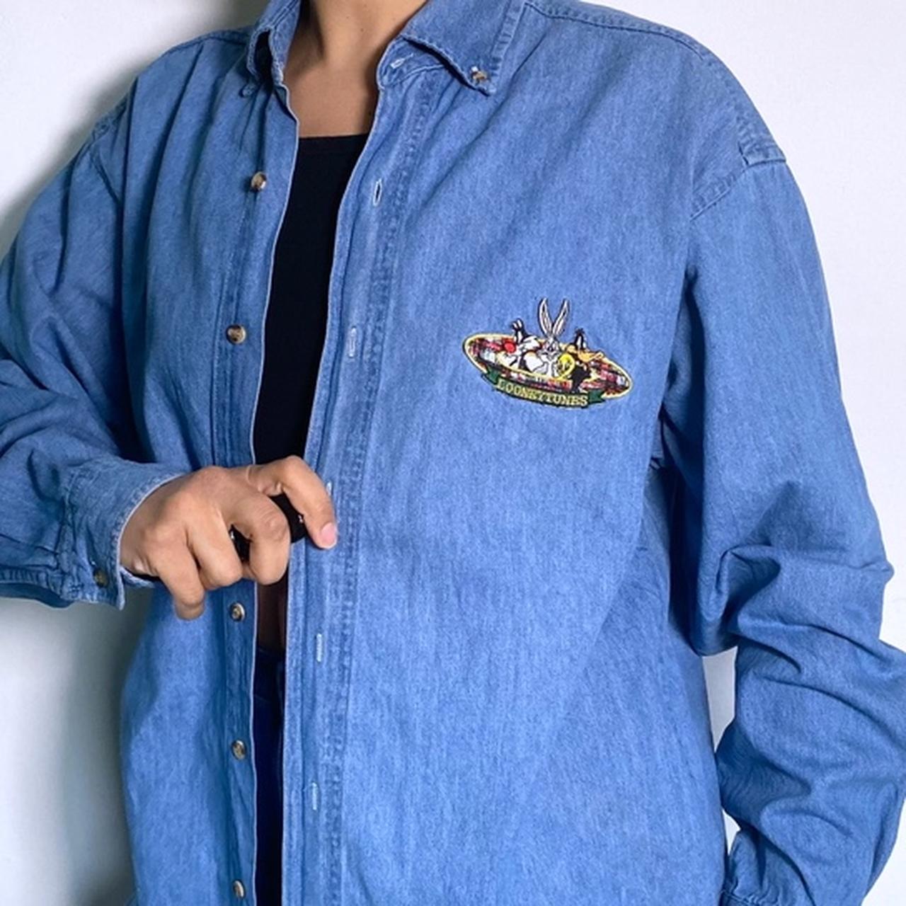 Denim Shirt Vintage 90s Looney Toons Embroidered Blue Jean Shirt Oversized Medium Wash Button Up Rel