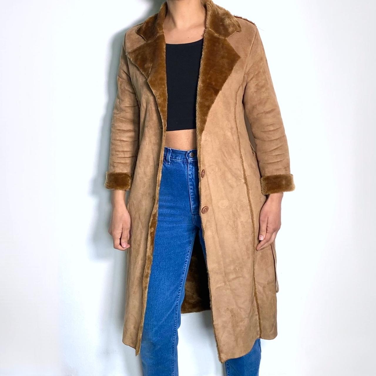 Vegan Shearling Coat Faux Suede Jacket Vintage 80s Brown Long Trench Coat with Tie