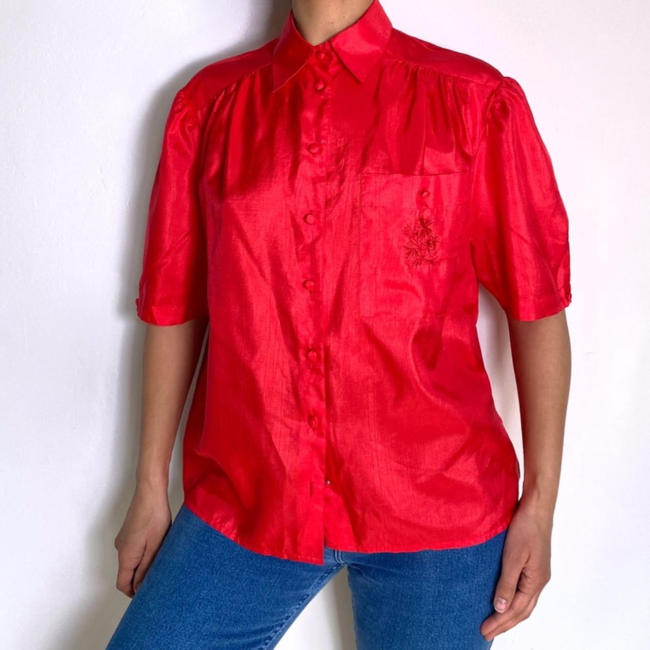 Vintage 80s Silky Blouse Red Shirt Embroidered Short Sleeved Lightweight Button Up Blouse