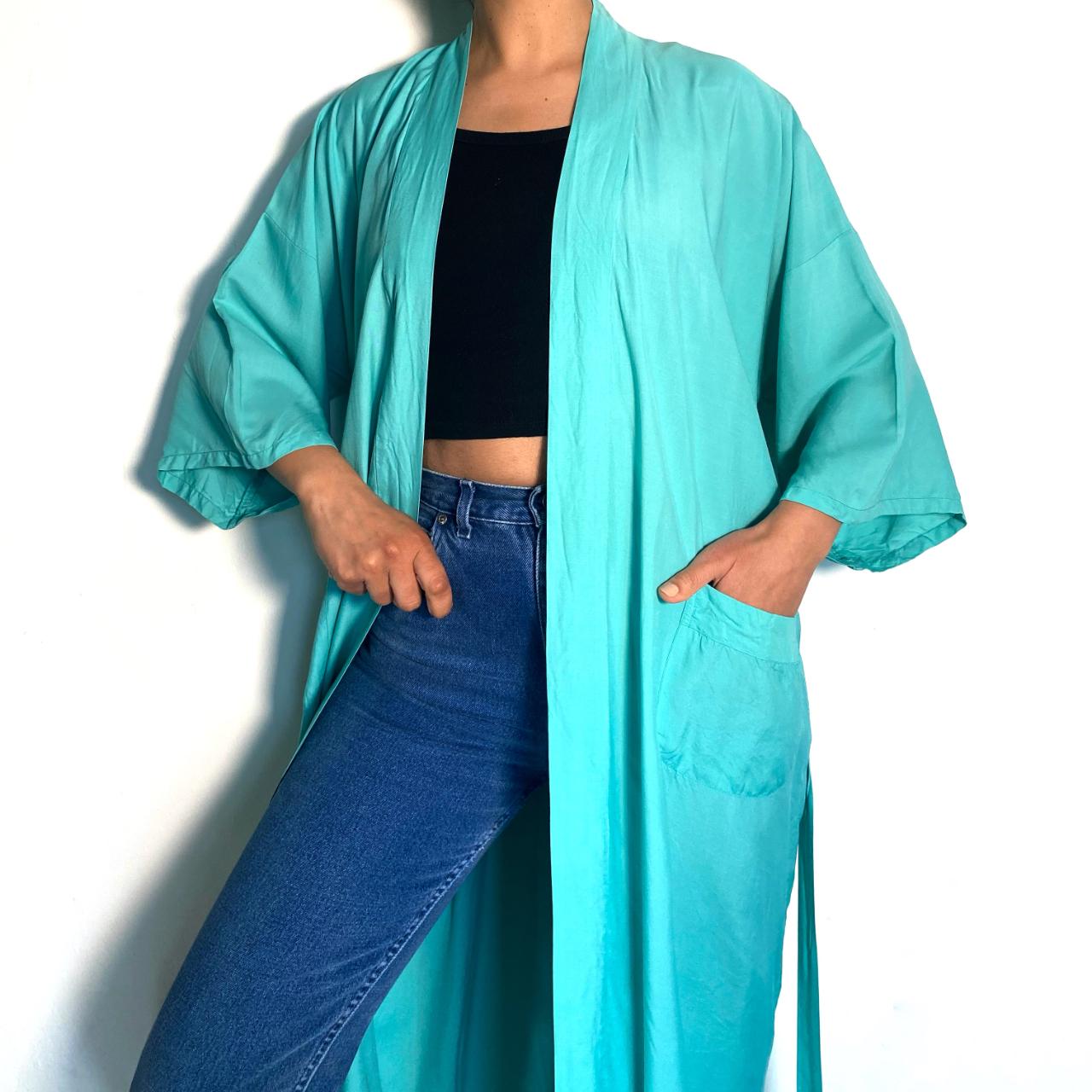 Vintage 70s Kimono Maxi Japanese Dressing Gown Embroidered Dragon Robe Full Length Bright Blue with