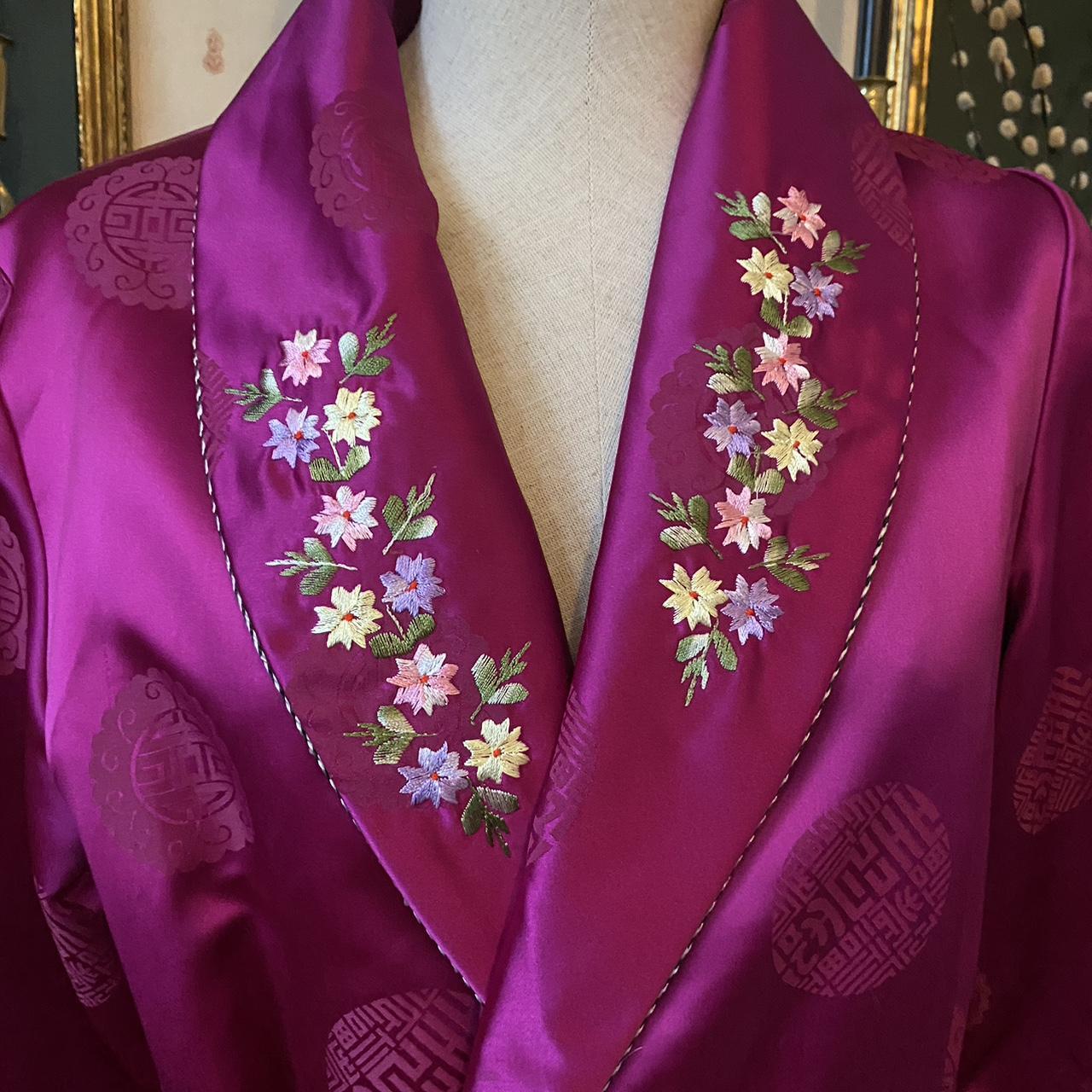 Vintage Kimono Robe Japanese Embroidered Dressing Gown Brocade Satin Magenta Embroidery Sleepwear Py