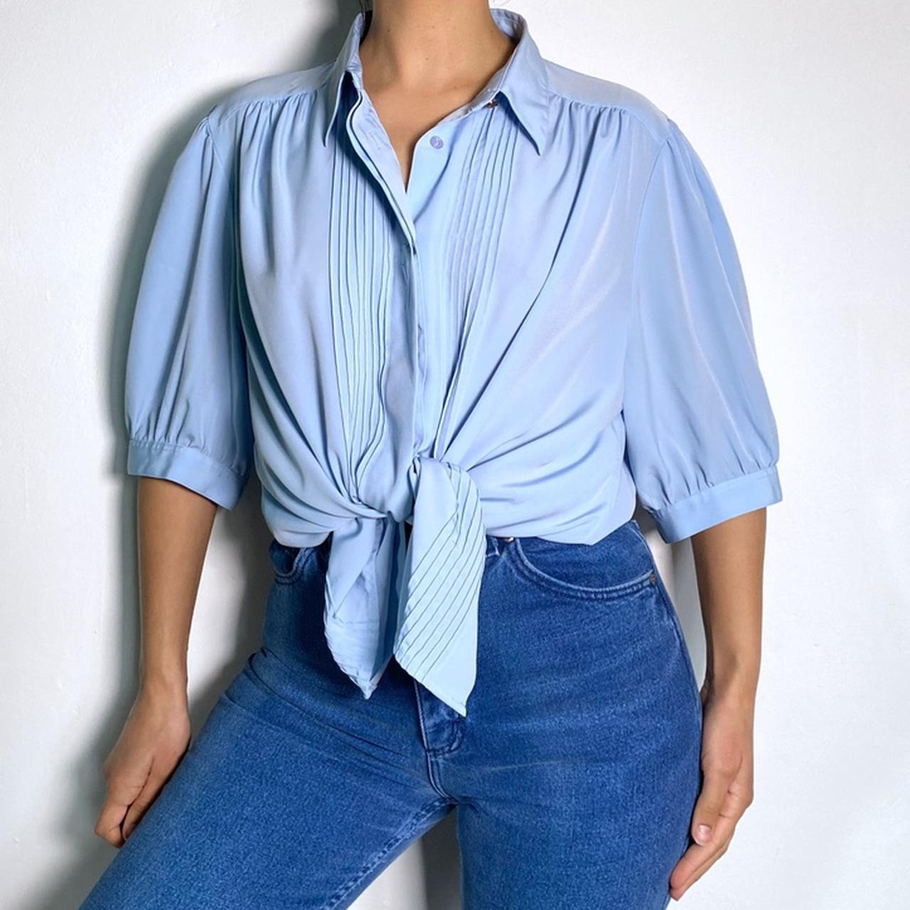 Vintage 80s Blouse Short Sleeved Shirt Cottage Core Puff Sleeve Pleated Oversized Button Up Blouse B