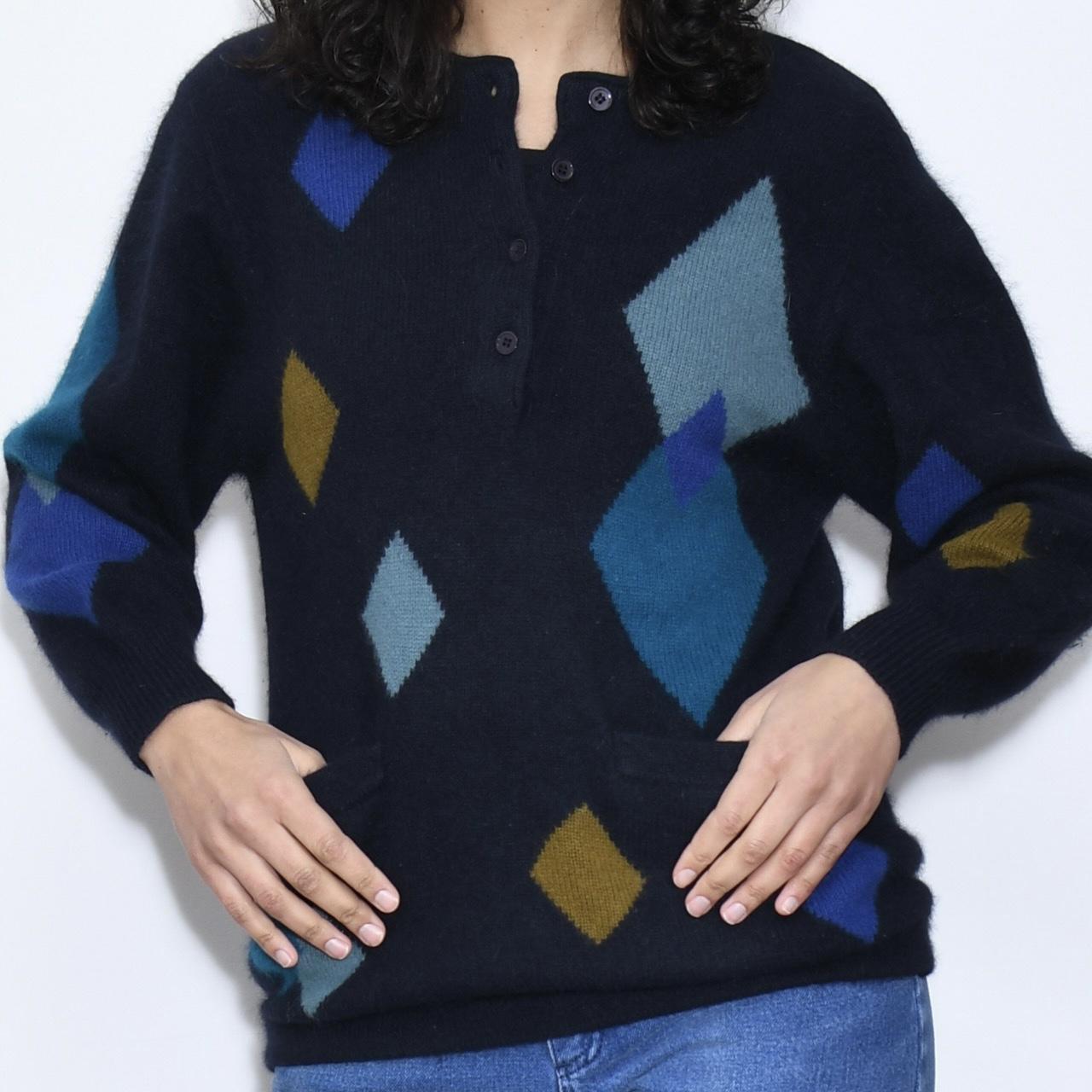 Vintage Wool Argyle Jumper Black & Blue Lambswool & Angora Pullover Jumper Size Small