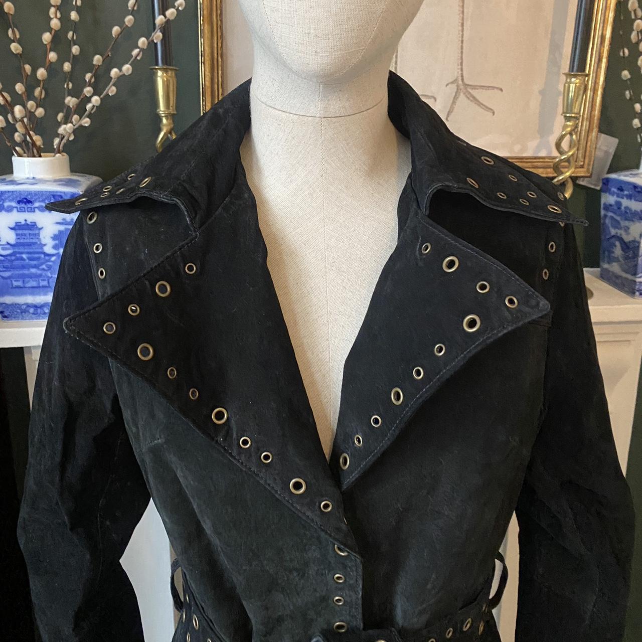 Vintage Black Suede Trench Coat Studded Long Leather Jacket Eyelet Embellished Jacket amid Length wi