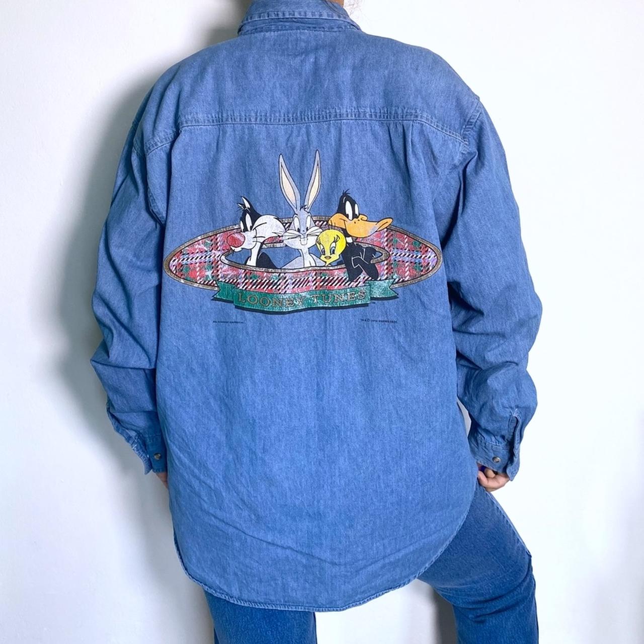 Denim Shirt Vintage 90s Looney Toons Embroidered Blue Jean Shirt Oversized Medium Wash Button Up Rel