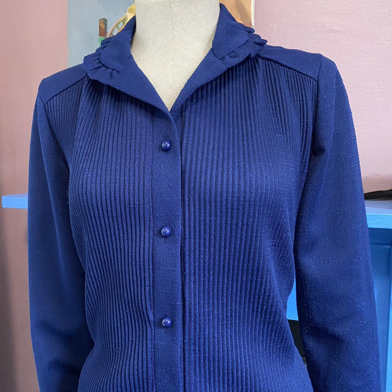 Vintage 70s Top Retro Ruffle Collar Blouse Blue Button-Up Shirt with Tie Back