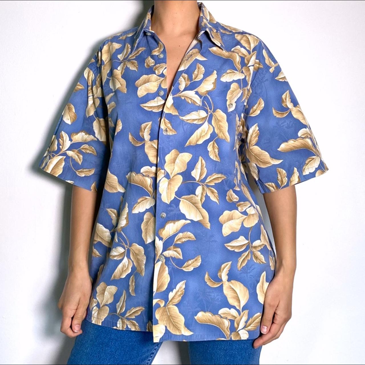 Vintage Pierre Cardin Hawaiian Shirt Short Sleeve Tropical Print Oversized Button Up in Blue & Yello