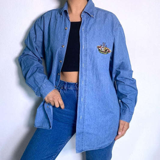 Denim Shirt Vintage 90s Looney Toons Embroidered Blue Jean Shirt Oversized Medium Wash Button Up Rel