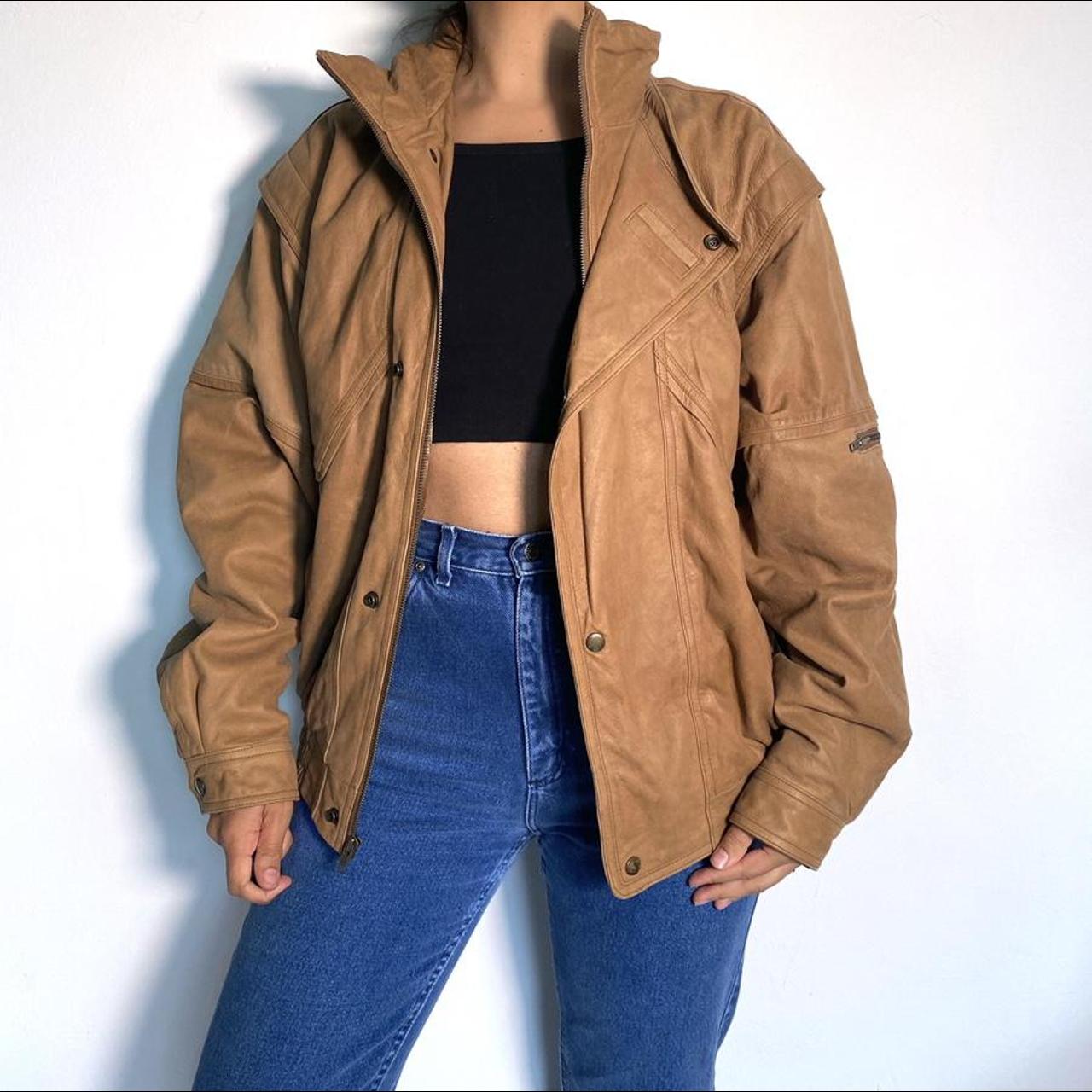 Leather Bomber Jacket Vintage 80s Oversized Tan Retro Full Zip Jacket