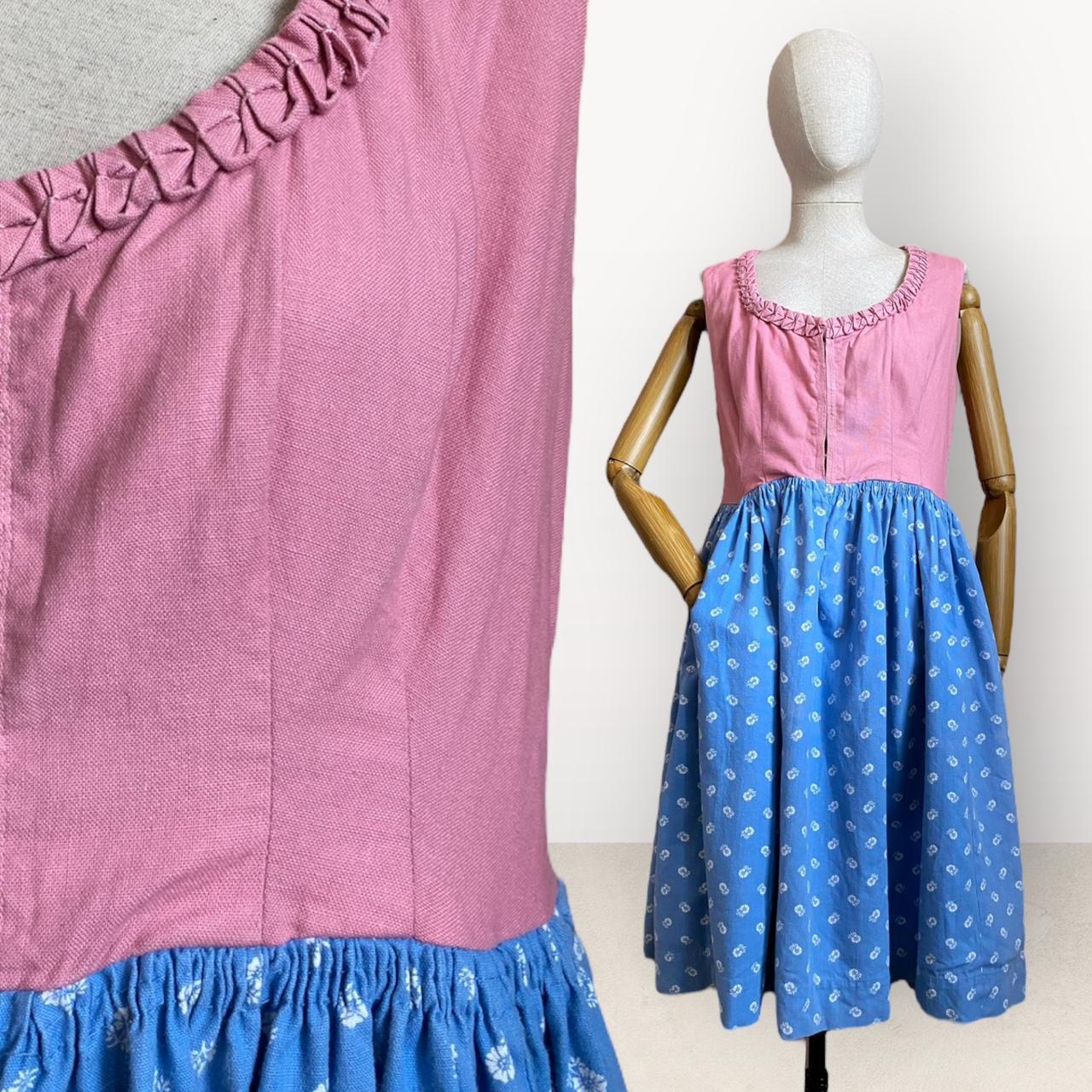 Handmade Cottagecore Dress Vintage A Line Dress Pink and Blue Large Kitsch Sleeveless Linen Dress wi