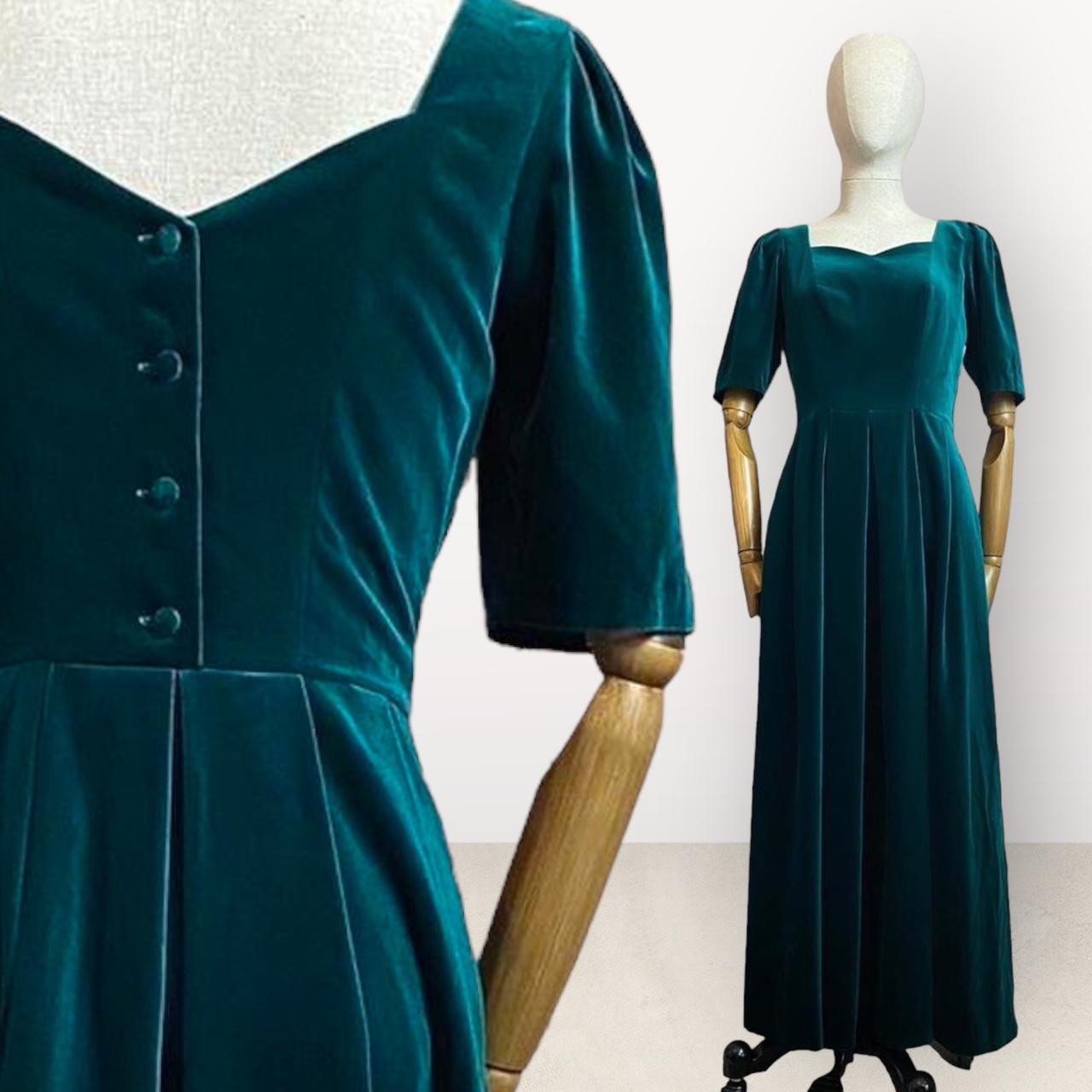 Vintage 90s Laura Ashley Dress Green Velvet Maxi Dress Buttons Up the Back Long Pleated Skirt Half S