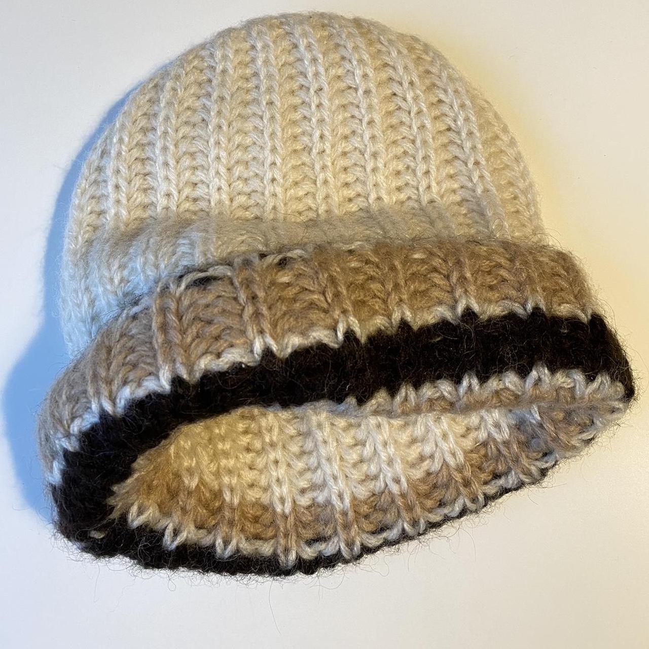 Vintage 80s Hand Knitted Beanie Wool Cap Knit Hat Cream and Brown