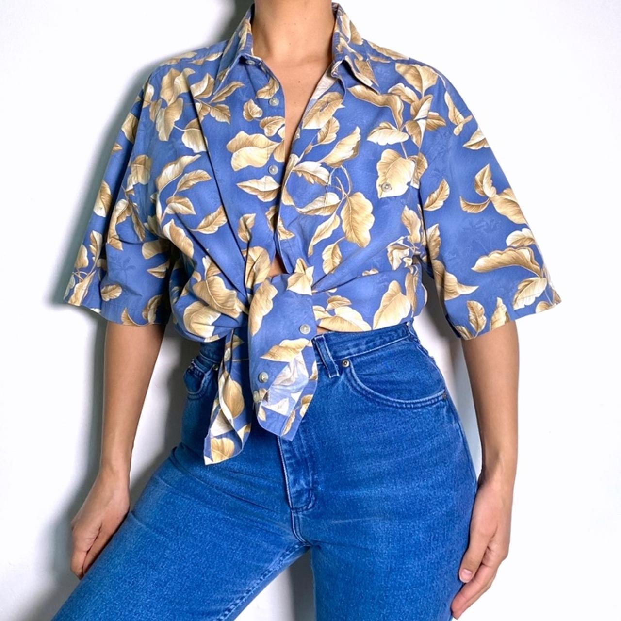 Vintage Pierre Cardin Hawaiian Shirt Short Sleeve Tropical Print Oversized Button Up in Blue & Yello