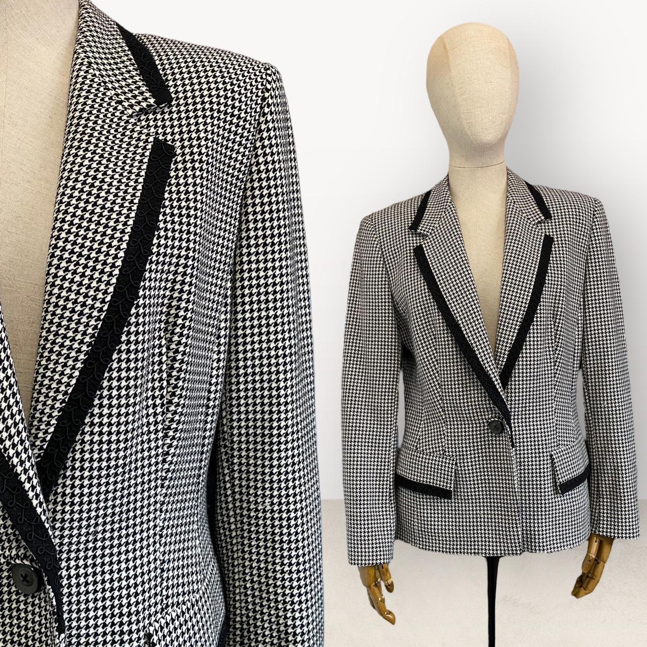 Vintage 90s Blazer Black Houndstooth Blazer Embellished Trim Button Up Jacket Ann Taylor UK 10