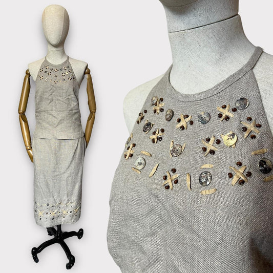 Linen Co Ord M&S halter top and skirt set beaded linen top and midi skirt grey beige NWT size 14 RRP