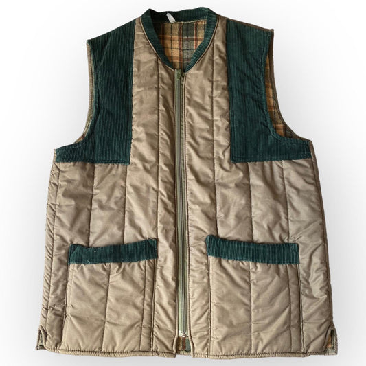 Vintage 80s Quilted Gilet Flannel Lining Padded Body Warmer Khaki with Corduroy Accents with Zipper