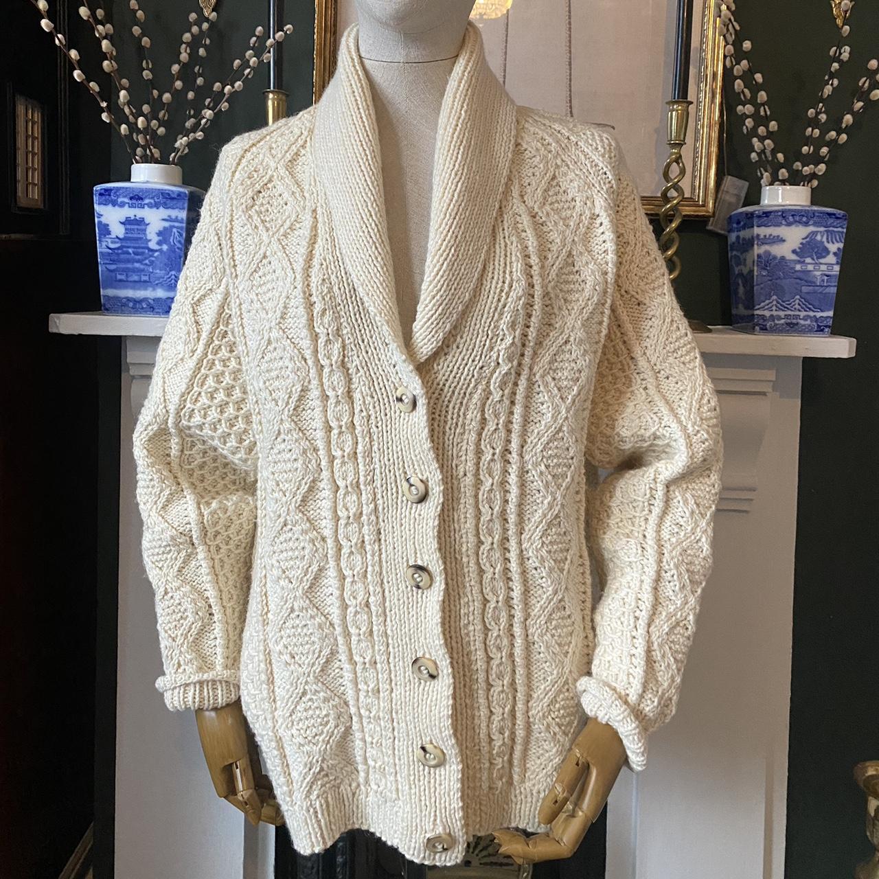 Vintage 90s Cardigan Hand Knitted Chunky Pure Wool Oversized Sweater Beige Cream Jumper Size Large