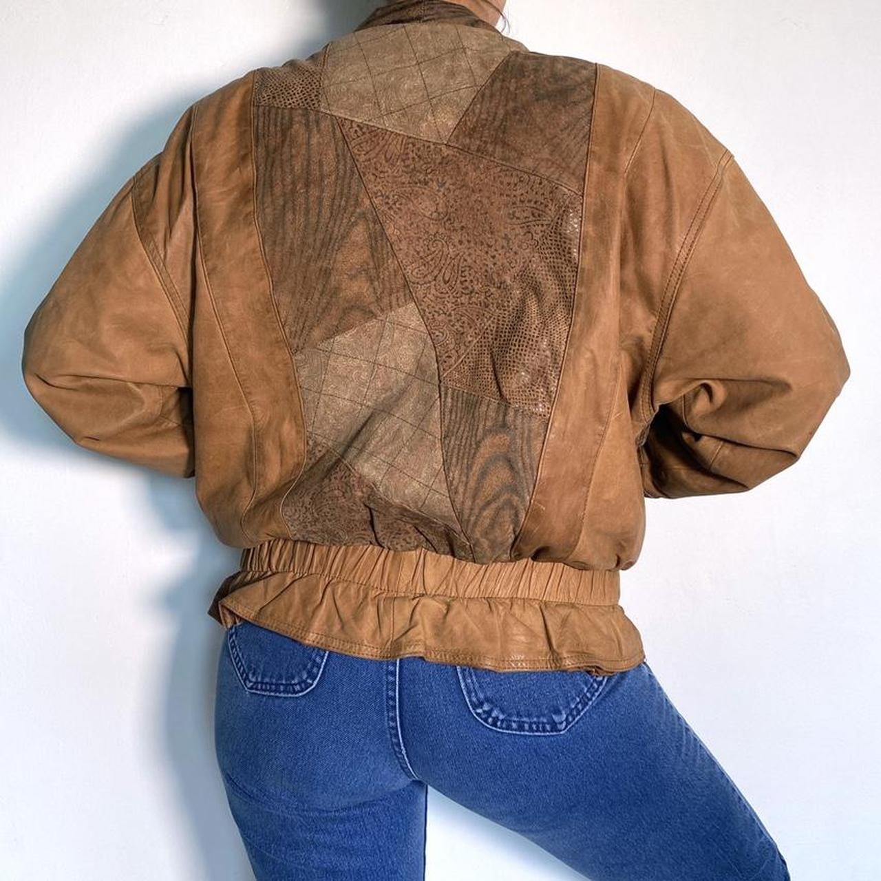 Leather Bomber Jacket Vintage 80s Snakeskin Patchwork Oversized Batwing Style Jacket Tan Brown Retro