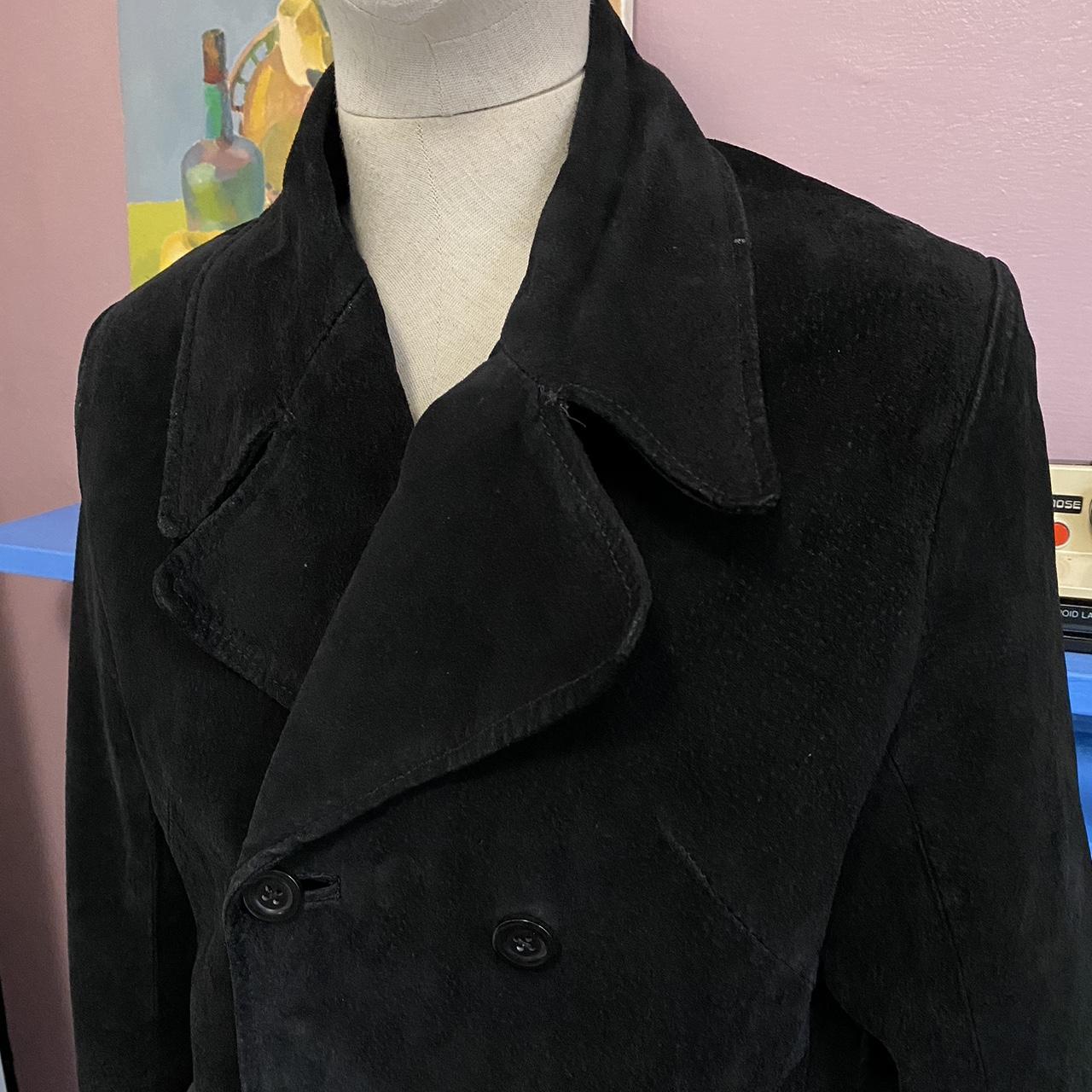 Vintage 1990s Suede Jacket Black Leather Coat Retro Peacoat Mid Length Small