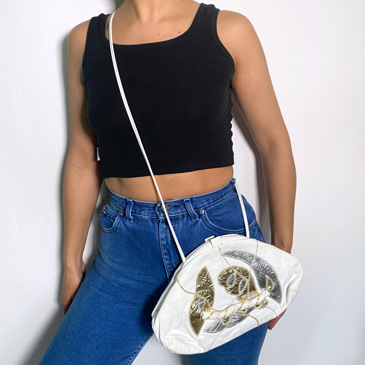 Crossbody Bag Shoulder Bag White Croissant Bag Vintage 80s Leather Metallic