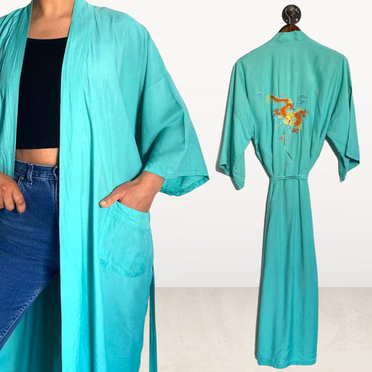 Vintage 70s Kimono Maxi Japanese Dressing Gown Embroidered Dragon Robe Full Length Bright Blue with