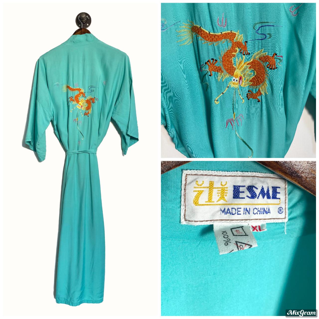 Vintage 70s Kimono Maxi Japanese Dressing Gown Embroidered Dragon Robe Full Length Bright Blue with