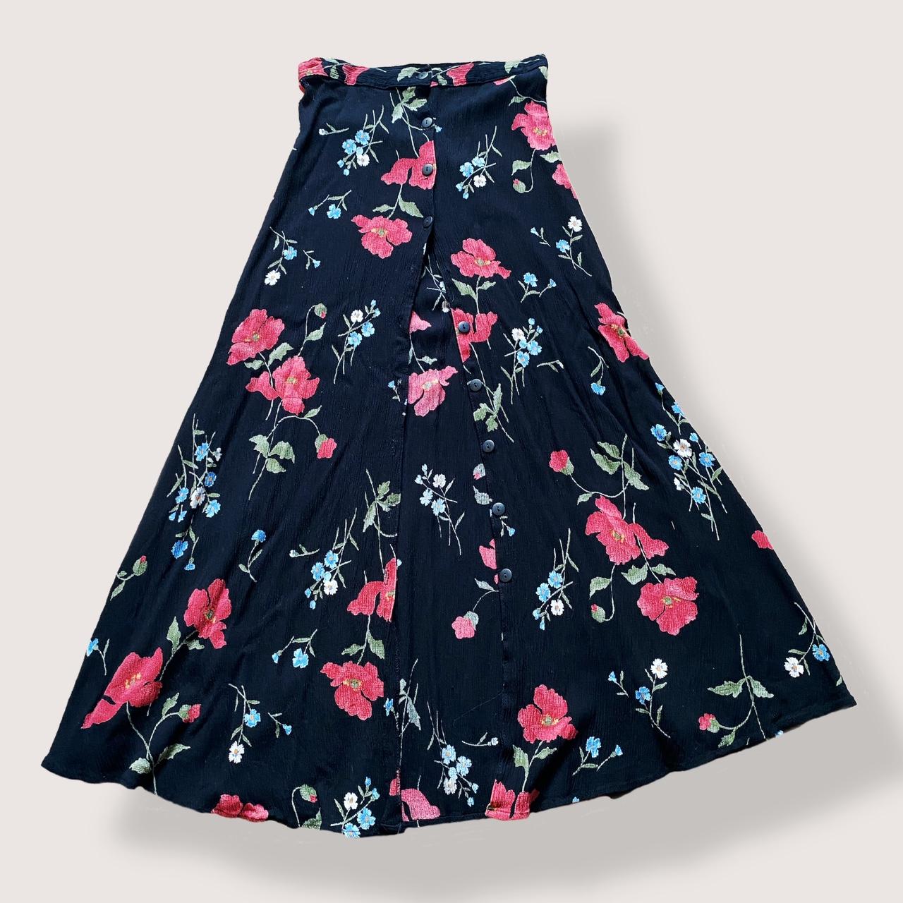 Floral Skirt Vintage 90s Maxi Skirt Summer Dark Floral Print Button Down Black Full Length Skirt Lig