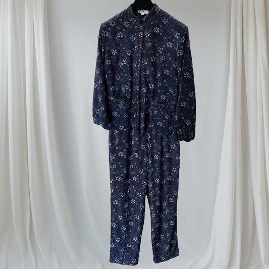 Vintage Velvet Pyjama Set Nightwear Co Ord Blue Floral Italian PJs Size UK 8 Small