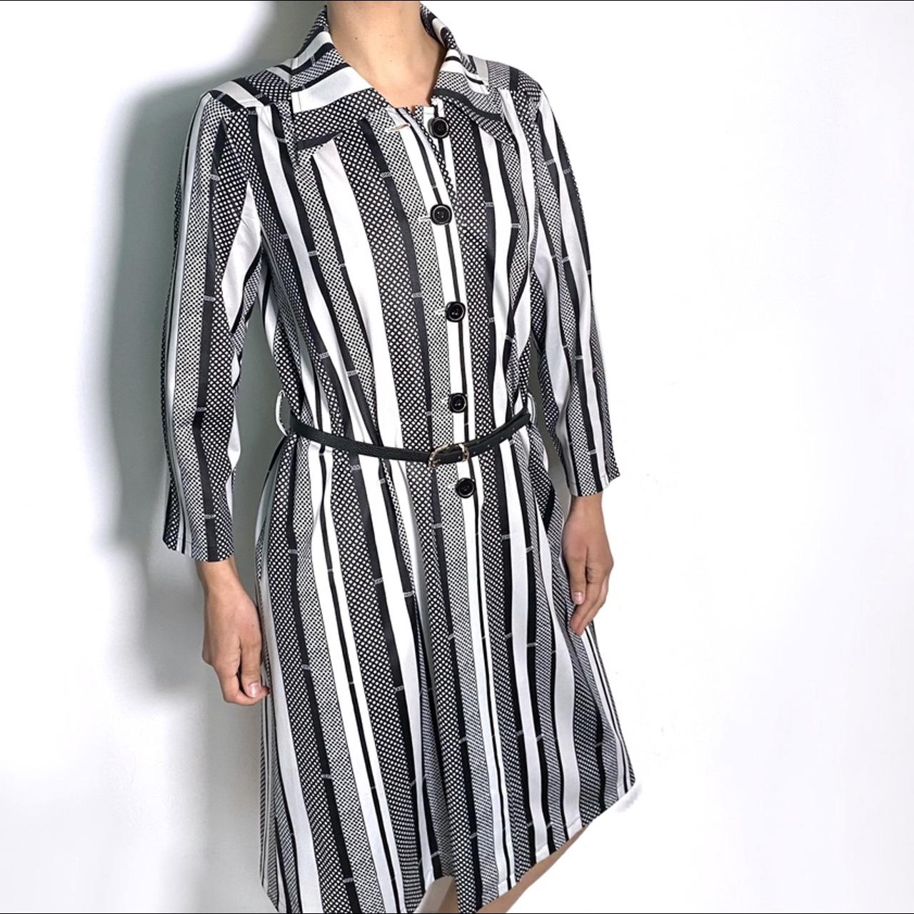 Vintage 70s Shirt Dress Collared Midi Dress Striped Long Sleeve Retro Dress with Pockets