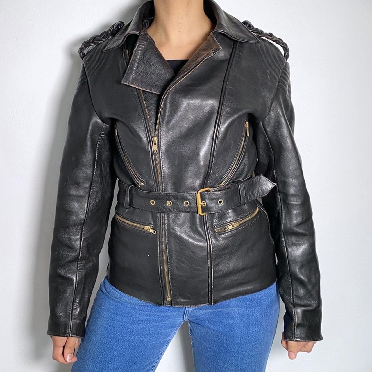 Vintage 90s Biker Leather Jacket Black Motorcycle Jacket Belted Waist