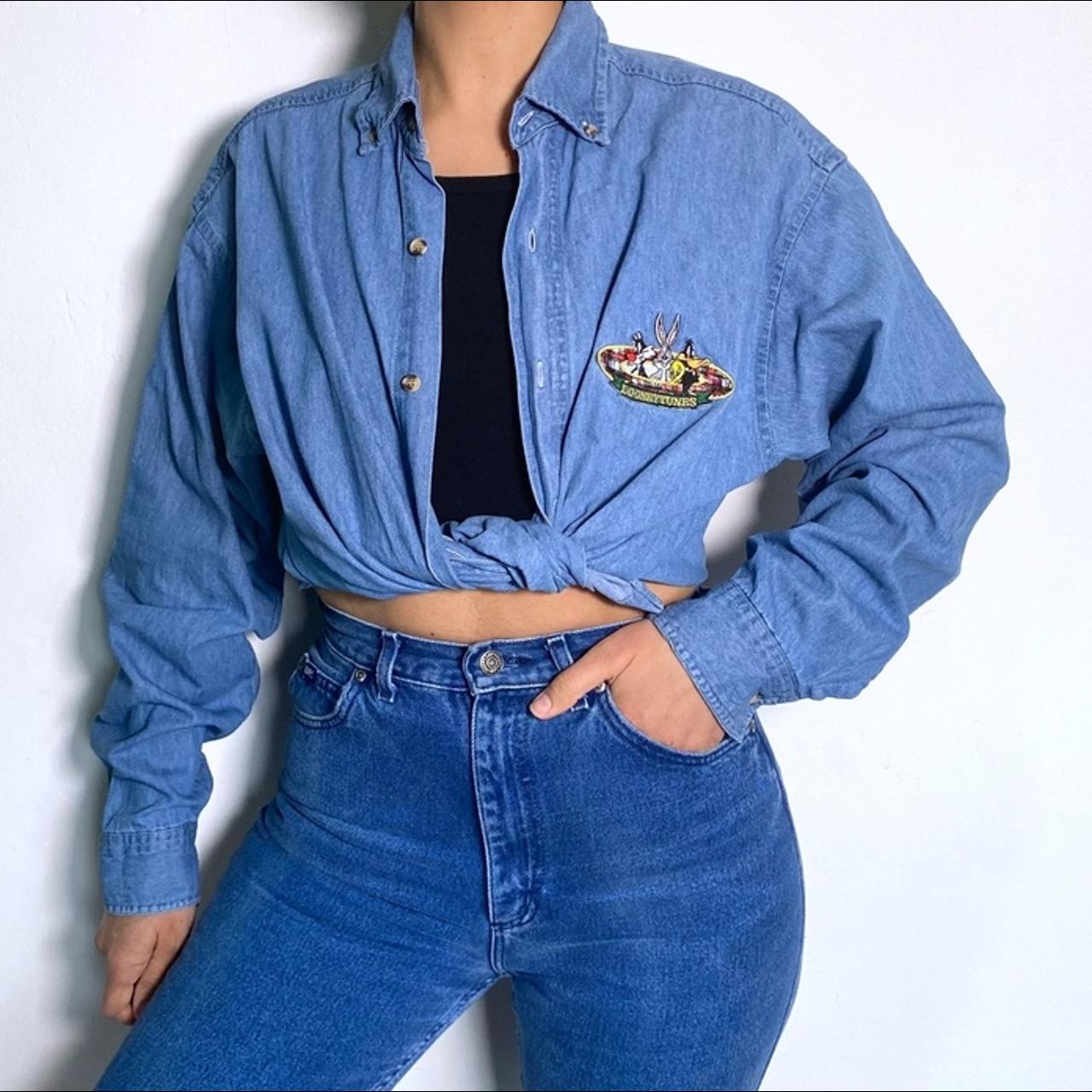 Denim Shirt Vintage 90s Looney Toons Embroidered Blue Jean Shirt Oversized Medium Wash Button Up Rel