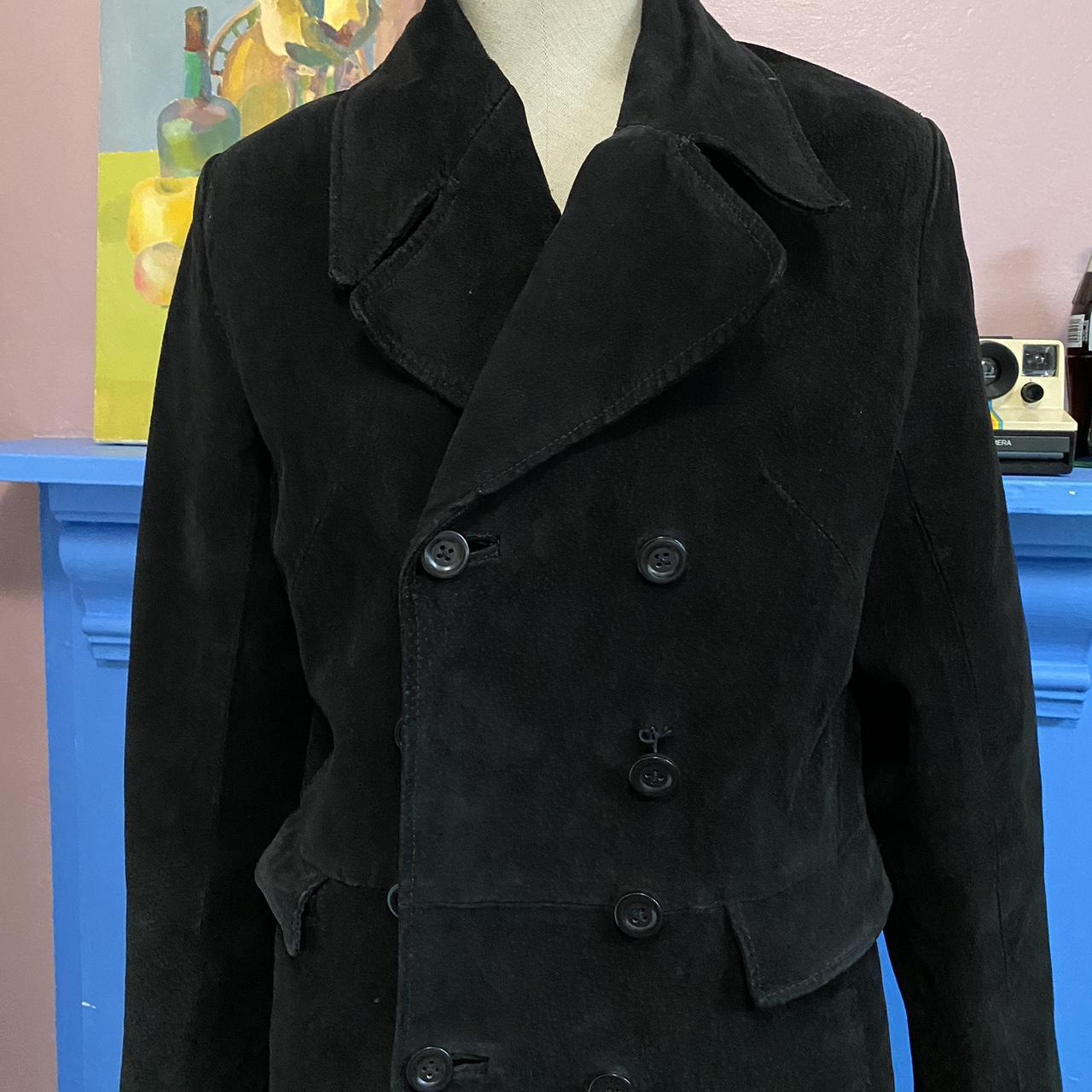 Vintage 1990s Suede Jacket Black Leather Coat Retro Peacoat Mid Length Small