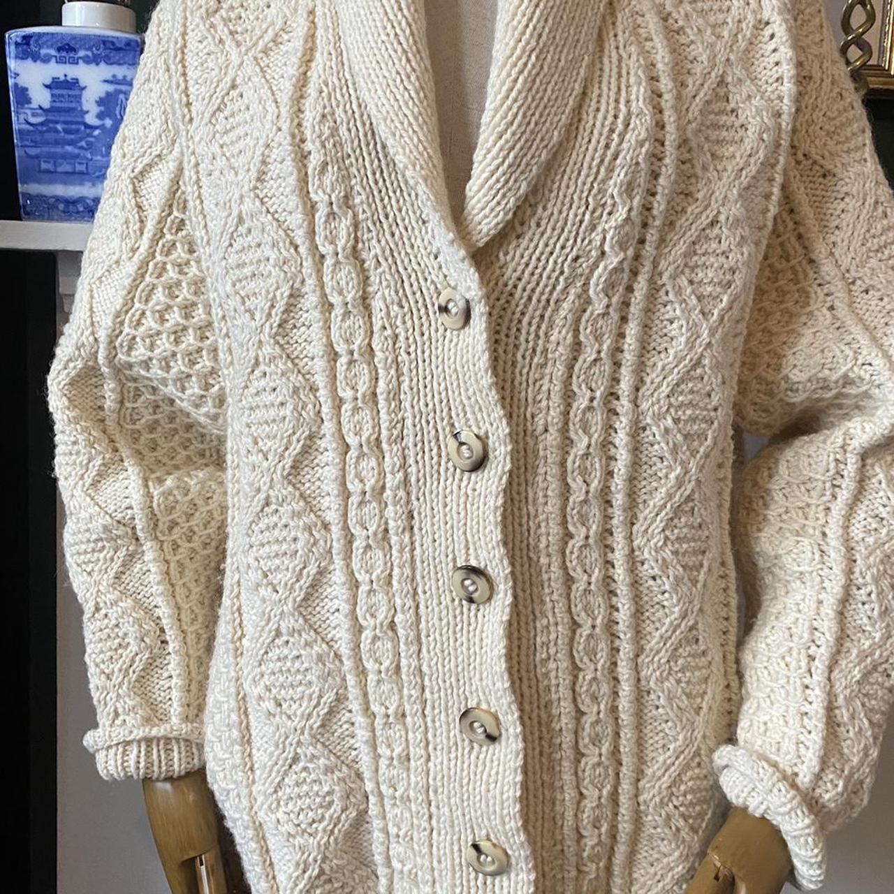 Vintage 90s Cardigan Hand Knitted Chunky Pure Wool Oversized Sweater Beige Cream Jumper Size Large