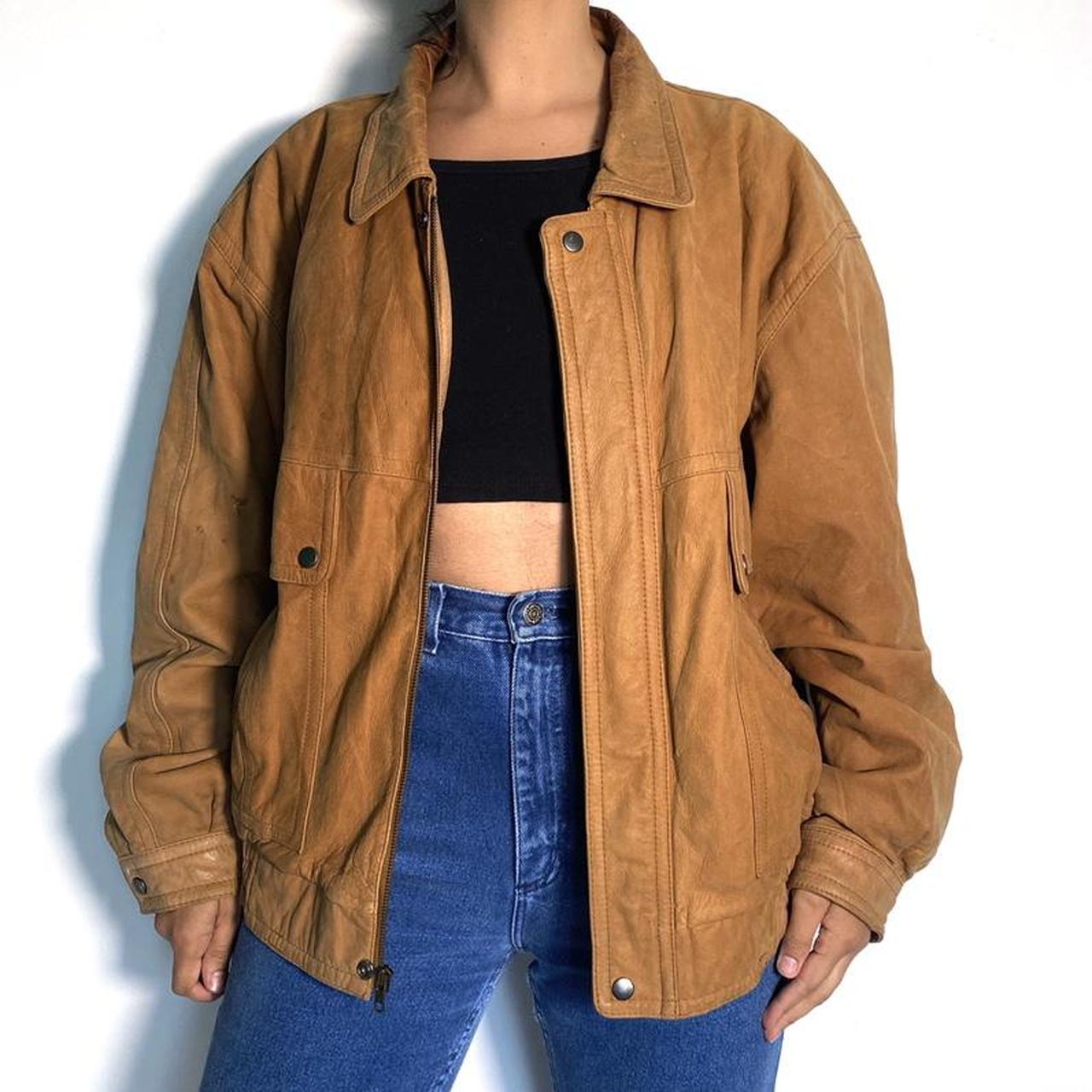 Leather Bomber Jacket Vintage 80s Oversized Brown Retro Full Zip Jacket