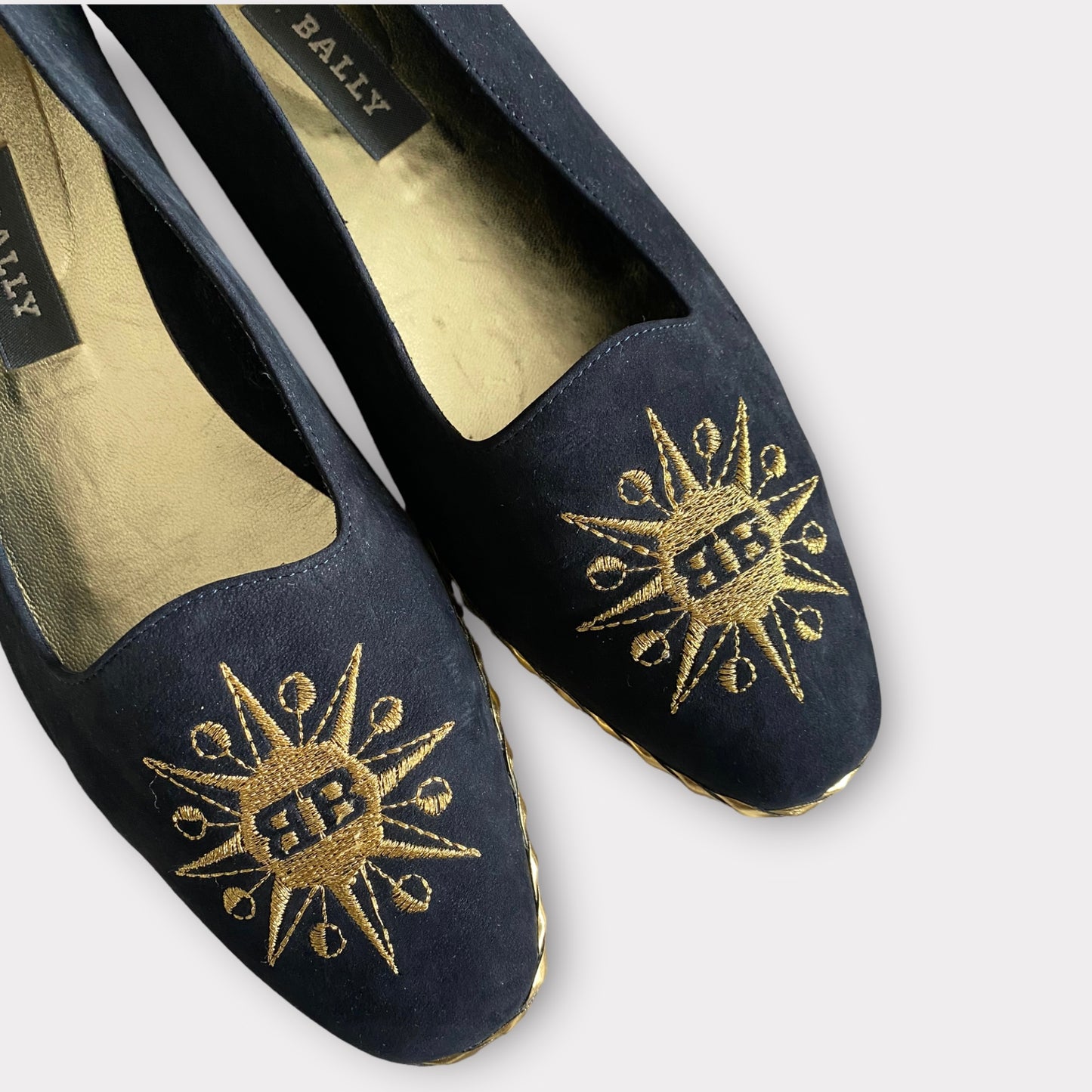 Bally Black Flat Espadrilles Embroidered Starry Suede Gold Embellished Size 6