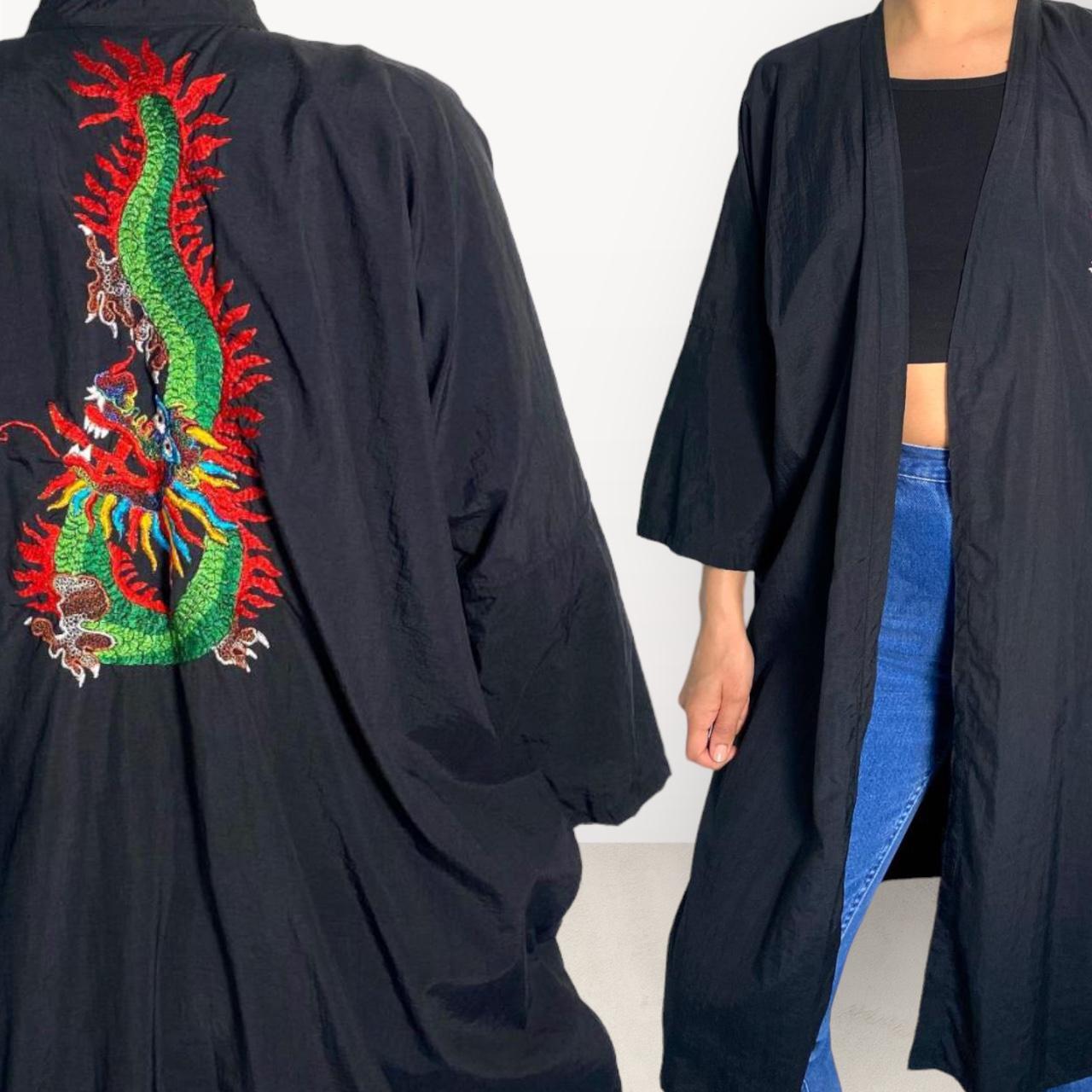 Vintage Kimono Dressing Gown Black Japanese Robe Embroidered Dragon Kimono Black Duster Jacket XL