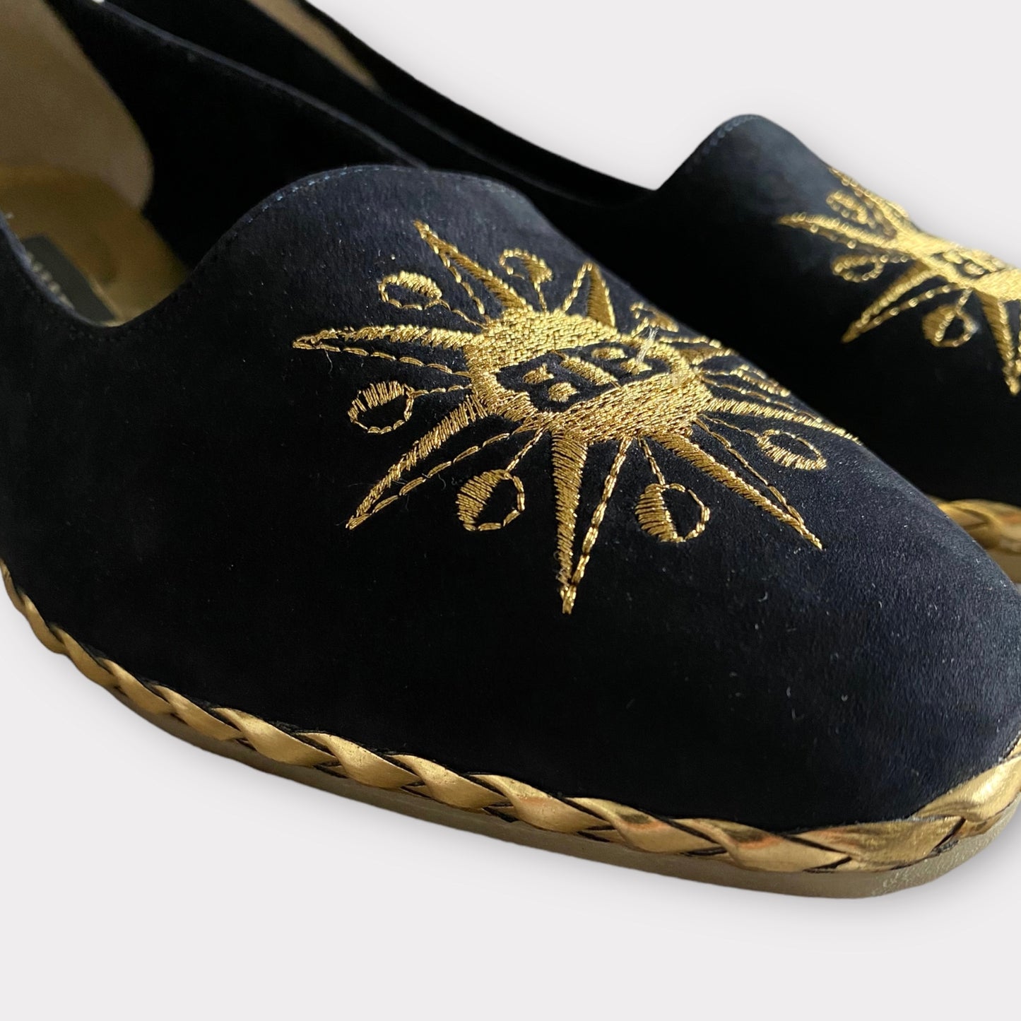 Bally Black Flat Espadrilles Embroidered Starry Suede Gold Embellished Size 6