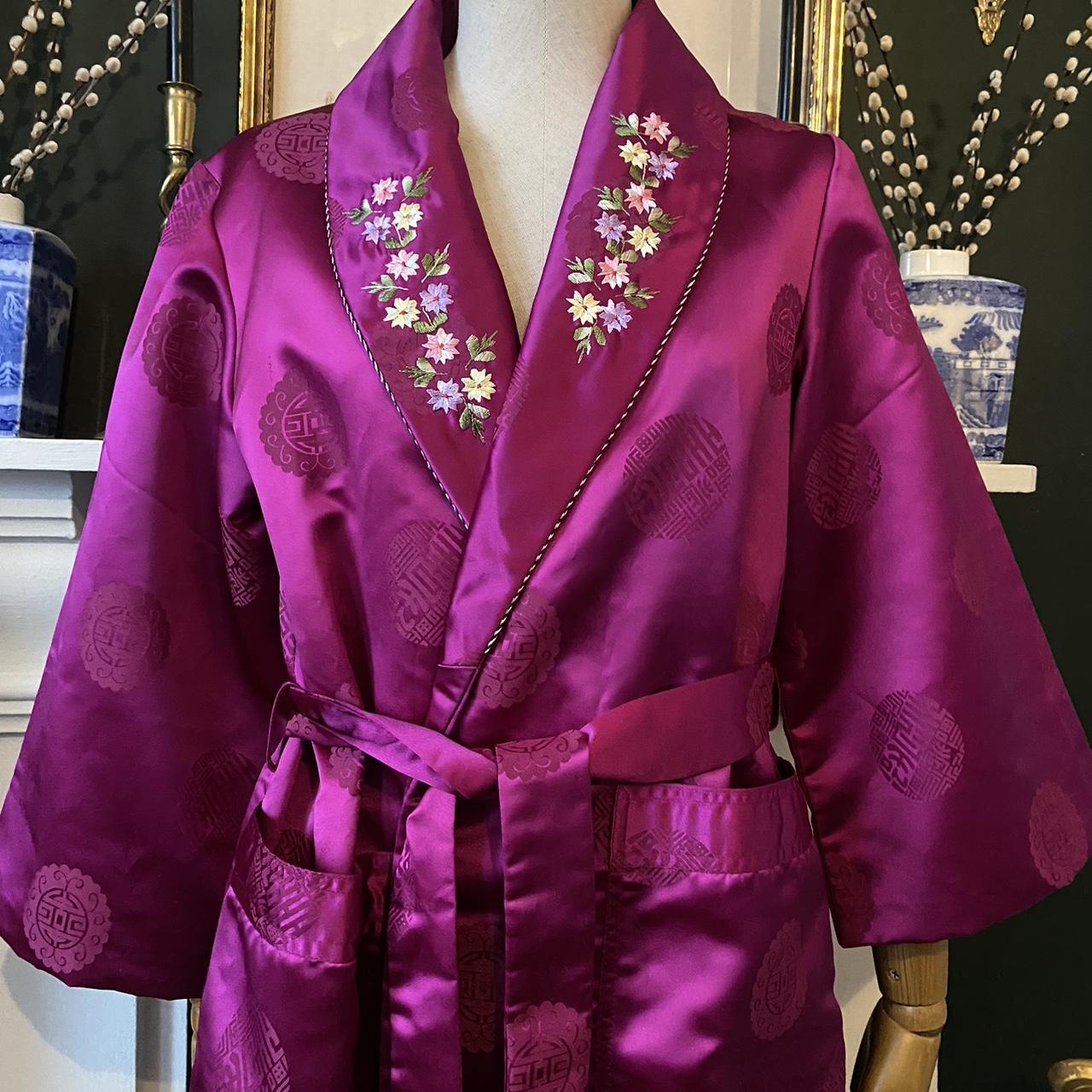 Vintage Kimono Robe Japanese Embroidered Dressing Gown Brocade Satin Magenta Embroidery Sleepwear Py