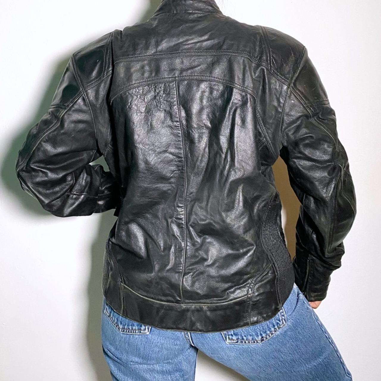 Leather Biker Jacket Vintage 90s Motorcycle Jacket Padded Black Leather Coat with Full Zip Closure a