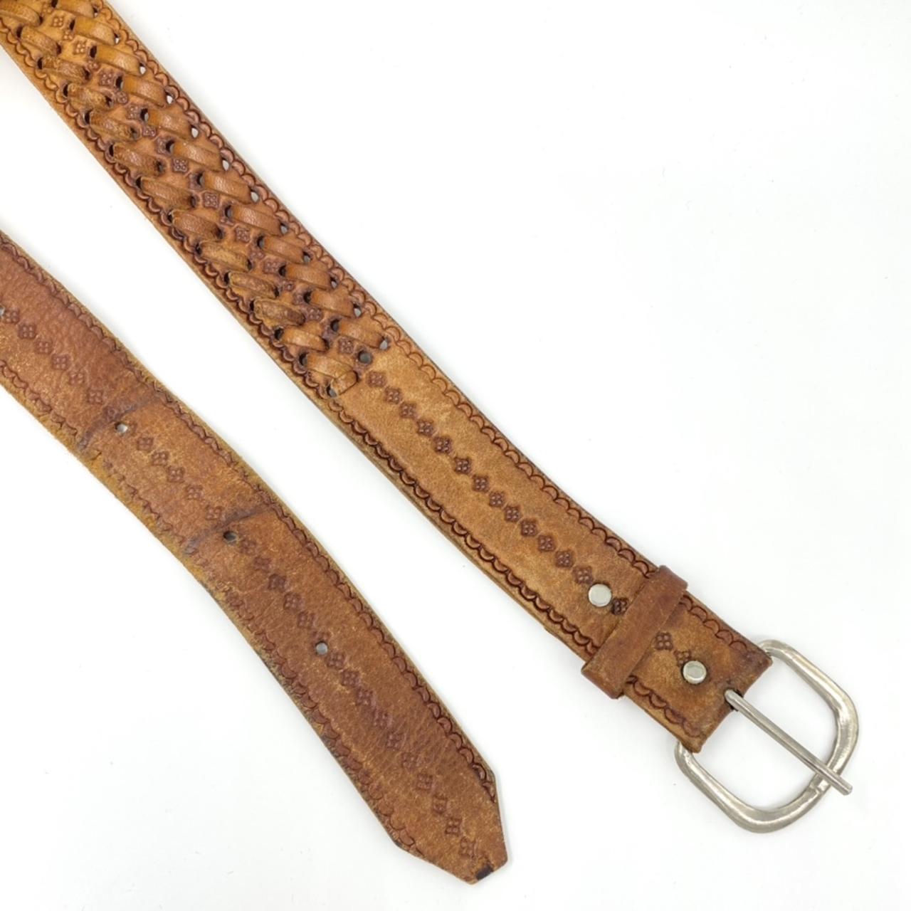 Vintage Leather Belt Brown Tooled Leather Western Belt Braided Woven Detail Silver Tone Buckle