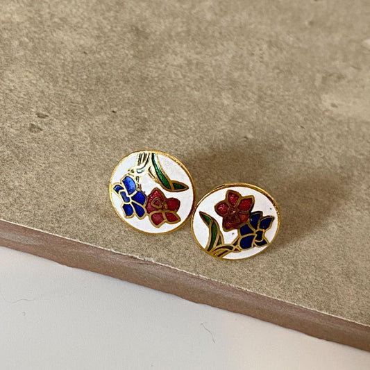 Vintage Earrings Enamel Round Earrings Gold Tone White Floral Cloisonne Push Back