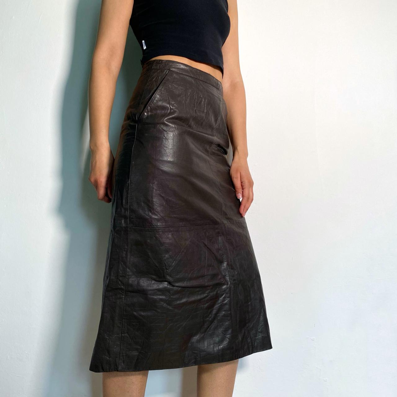 Leather Pencil Skirt Vintage 80s Croc Midi Skirt Brown Leather High Waisted Skirt with Back Slit