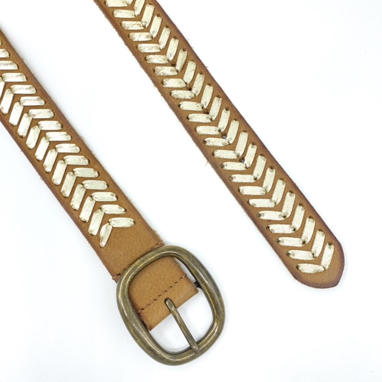 Vintage Western Belt Tan Leather Woven Braided Belt with Brass Tone Buckle