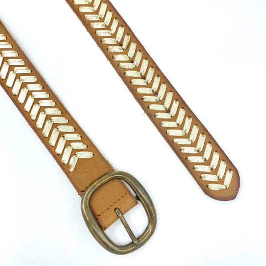 Vintage Western Belt Tan Leather Woven Braided Belt with Brass Tone Buckle