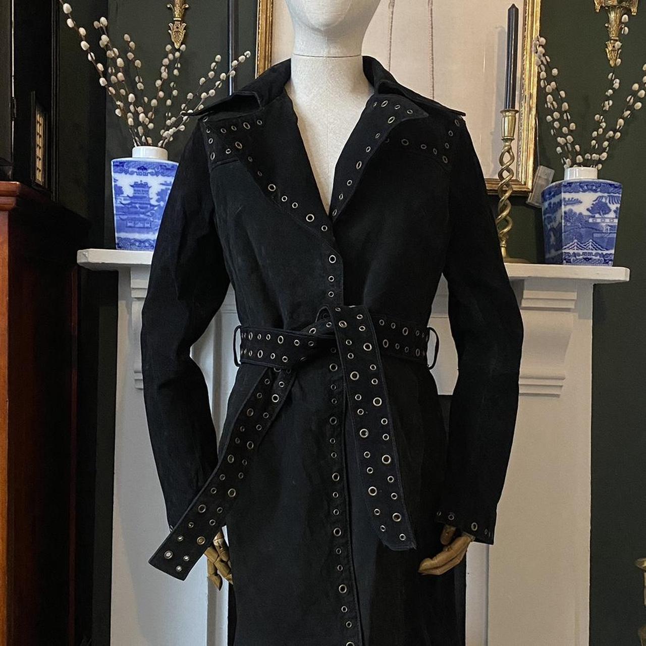 Vintage Black Suede Trench Coat Studded Long Leather Jacket Eyelet Embellished Jacket amid Length wi