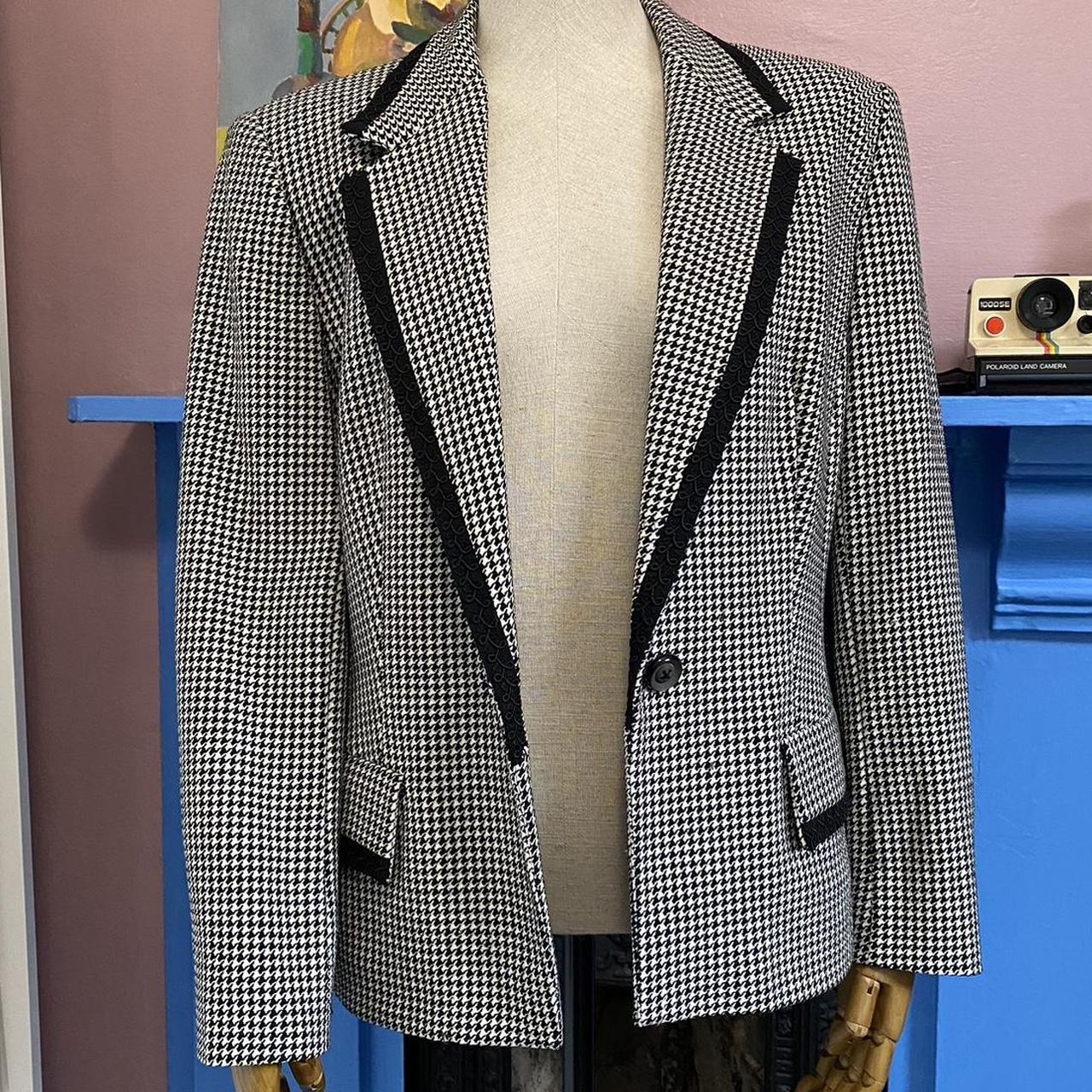 Vintage 90s Blazer Black Houndstooth Blazer Embellished Trim Button Up Jacket Ann Taylor UK 10