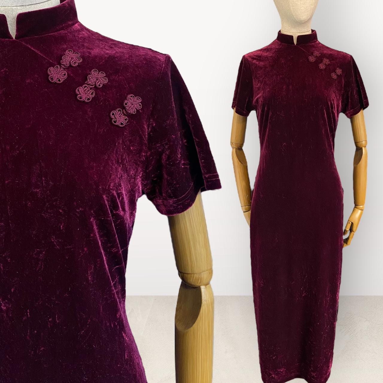 Vintage 90s Velvet Bodycon Dress Burgundy Maxi Dress Short Sleeves High Collar Cheongsam Dress Whims