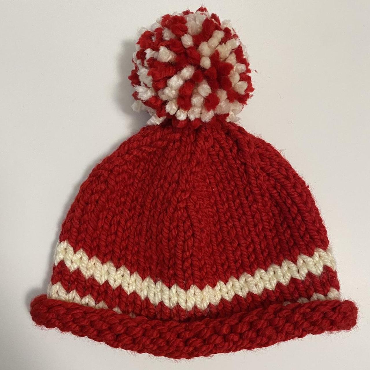 Vintage Hand Knit Beanie Chunky Wool Knit Winter Hat Red and White